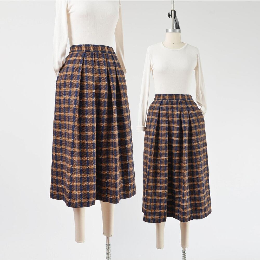 Vintage 80s Plaid Wool Blend Midi Skirt Brown Navy Pleated Pockets Academia M